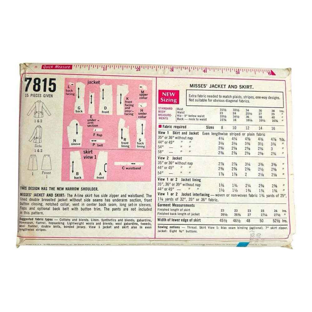 VTG 1968 Simplicity Sewing Pattern Misses Jacket & Skirt Size 10 #7815